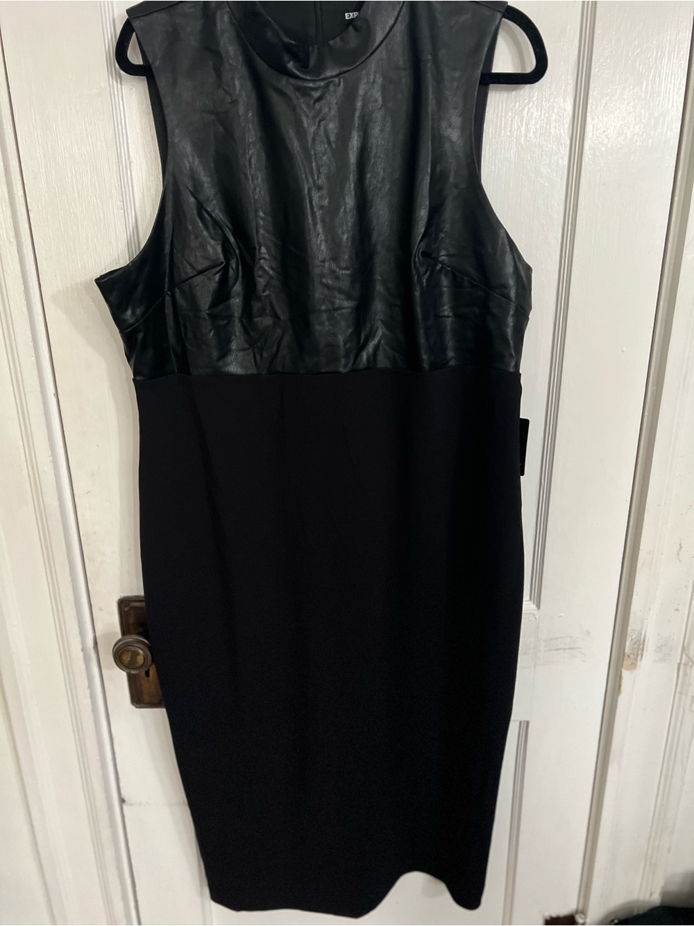 Express Black Faux Leather & Black Crepe Midi Sheath Dress